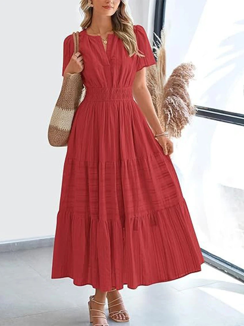 VivaSpring™ Layered Swing Dress – Women's V-Neck, Bubble Sleeves, and Big Swing Design for Effortless Style